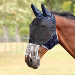 Masque anti-mouches Shires FlyGuard Pro Deluxe avec oreilles, nez et franges Marine Bleu marine