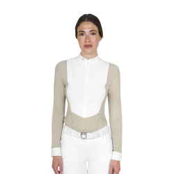Polo de concours Equestro femme à manches longues avec zip Oxford tan Rose