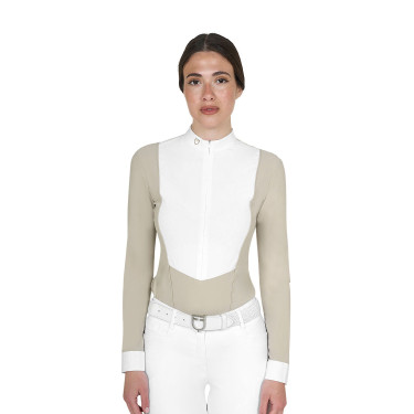 Polo de concours Equestro femme à manches longues avec zip Oxford tan Rose