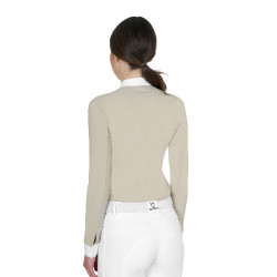Polo de concours Equestro femme à manches longues avec zip Oxford tan Rose