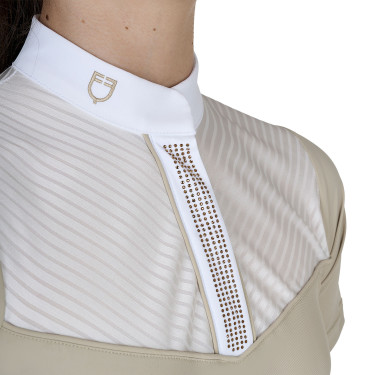 Polo de concours Equestro fille coupe ajustée avec inserts en tissu type soie Oxford tan Rose Polo de concours Equestro fille coupe ajustée avec inserts en tissu type soie Oxford tan Rose