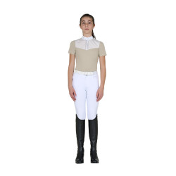 Polo de concours Equestro fille coupe ajustée avec inserts en tissu type soie Oxford tan Rose