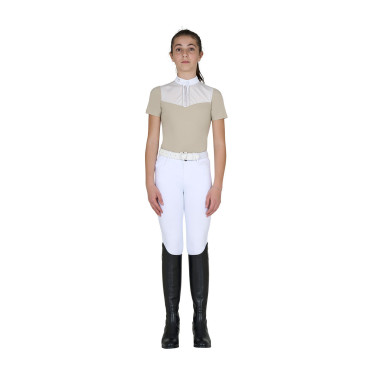 Polo de concours Equestro fille coupe ajustée avec inserts en tissu type soie Oxford tan Rose Polo de concours Equestro fille coupe ajustée avec inserts en tissu type soie Oxford tan Rose