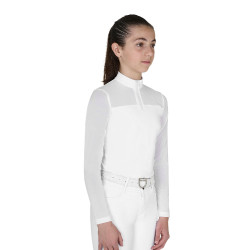 Polo de concours Equestro fille à manches longues avec empiècements en micro mesh Blanc