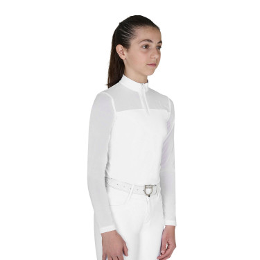 Polo de concours Equestro fille à manches longues avec empiècements en micro mesh Blanc