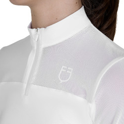 Polo de concours Equestro fille à manches longues avec empiècements en micro mesh Blanc