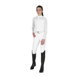 Polo de concours Equestro fille à manches longues avec empiècements en micro mesh Blanc