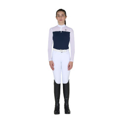 Polo de concours Equestro fille à manches longues avec empiècements en micro mesh Marine blazer Bleu marine