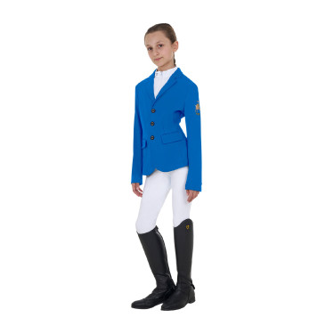 Veste de concours enfant unisexe Equestro x FISE trois boutons Bleu de savoie Veste de concours enfant unisexe Equestro x FISE trois boutons Bleu de savoie