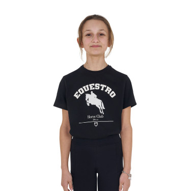 T-shirt fille Equestro Jumping Horse Club coton manches courtes Noir