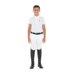 Polo de concours garçon quatre boutons Equestro x FISE manches courtes Blanc
