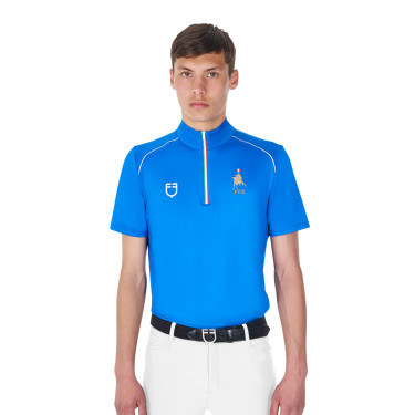 Polo d’entraînement homme Equestro x FISE avec zip drapeau italien manches courtes Bleu de savoie