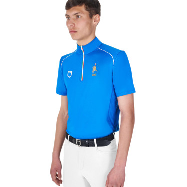 Polo d’entraînement homme Equestro x FISE avec zip drapeau italien manches courtes Bleu de savoie