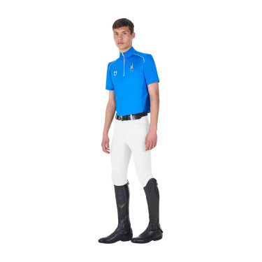 Polo d’entraînement homme Equestro x FISE avec zip drapeau italien manches courtes Bleu de savoie