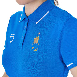 Polo d’entraînement femme Equestro x FISE trois boutons manches courtes Bleu de savoie Polo d’entraînement femme Equestro x FISE trois boutons manches courtes Bleu de savoie