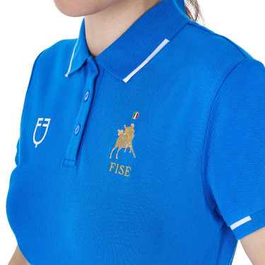 Polo d’entraînement femme Equestro x FISE trois boutons manches courtes Bleu de savoie Polo d’entraînement femme Equestro x FISE trois boutons manches courtes Bleu de savoie