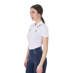 Polo d’entraînement femme Equestro x FISE trois boutons manches courtes Blanc