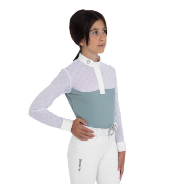Polo de concours fille manches longues avec tulle Equestro Gris ardoise Polo de concours fille manches longues avec tulle Equestro Gris ardoise