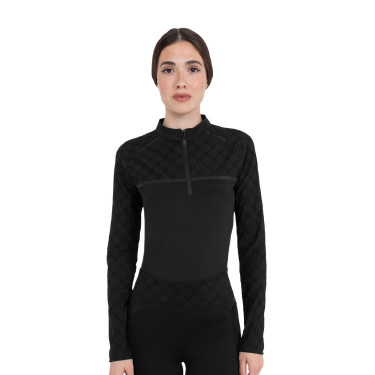 Polo d’entraînement femme manches longues imprimé monogramme Equestro Noir
