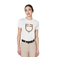 T-shirt femme avec logo monogramme effet velours Equestro Blanc / marron tabac T-shirt femme avec logo monogramme effet velours Equestro Blanc / marron tabac