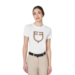 T-shirt femme avec logo monogramme effet velours Equestro Blanc / marron tabac T-shirt femme avec logo monogramme effet velours Equestro Blanc / marron tabac