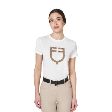 T-shirt femme avec logo monogramme effet velours Equestro Blanc / marron tabac T-shirt femme avec logo monogramme effet velours Equestro Blanc / marron tabac