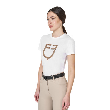 T-shirt femme avec logo monogramme effet velours Equestro Blanc / marron tabac T-shirt femme avec logo monogramme effet velours Equestro Blanc / marron tabac