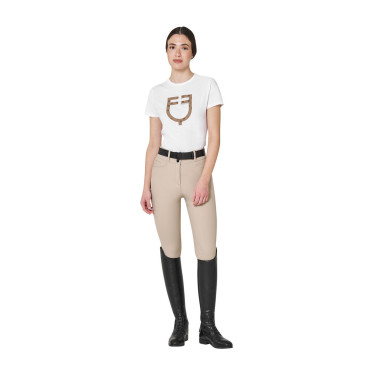 T-shirt femme avec logo monogramme effet velours Equestro Blanc / marron tabac T-shirt femme avec logo monogramme effet velours Equestro Blanc / marron tabac