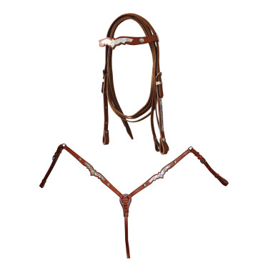 Bridon western Lakota avec collier de chasse et rênes décorations en argent Bridon western Lakota avec collier de chasse et rênes décorations en argent